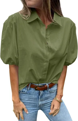 Tankaneo Women's Button Down Shirts Short Puff Sleeve Collared Dressy Casual Blouse Tops