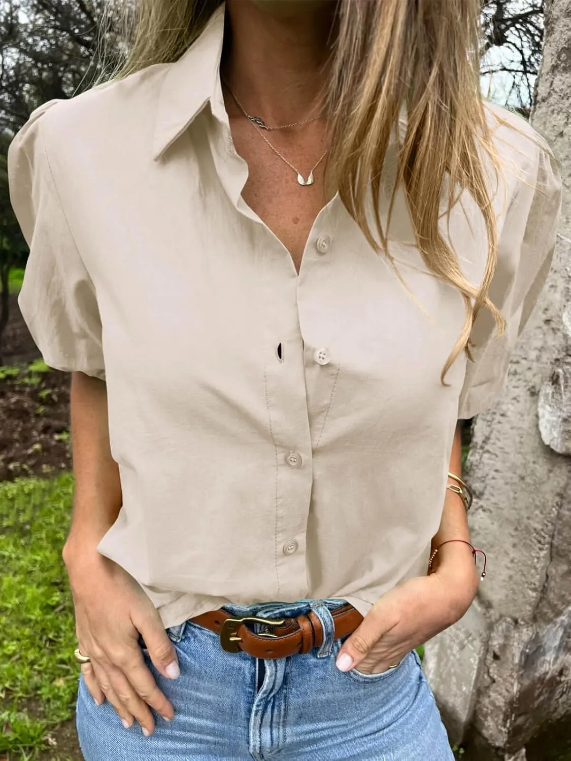Tankaneo Women's Button Down Shirts Short Puff Sleeve Collared Dressy Casual Blouse Tops