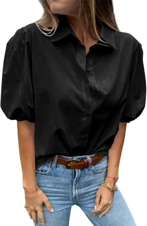 Tankaneo Women's Button Down Shirts Short Puff Sleeve Collared Dressy Casual Blouse Tops