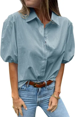 Tankaneo Women's Button Down Shirts Short Puff Sleeve Collared Dressy Casual Blouse Tops