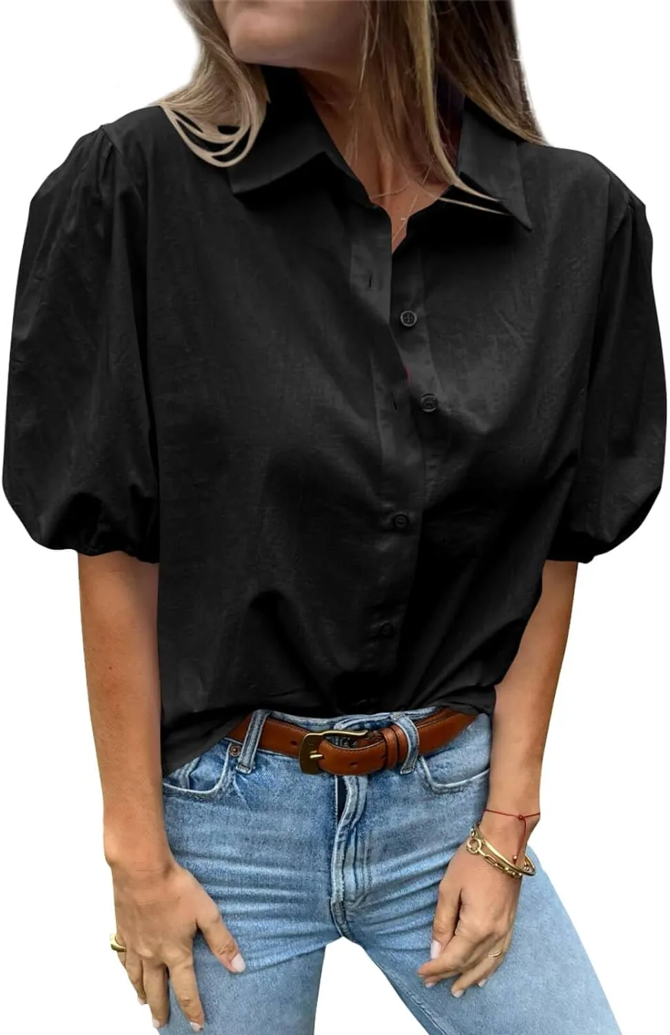 Tankaneo Women's Button Down Shirts Short Puff Sleeve Collared Dressy Casual Blouse Tops