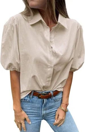 Tankaneo Women's Button Down Shirts Short Puff Sleeve Collared Dressy Casual Blouse Tops