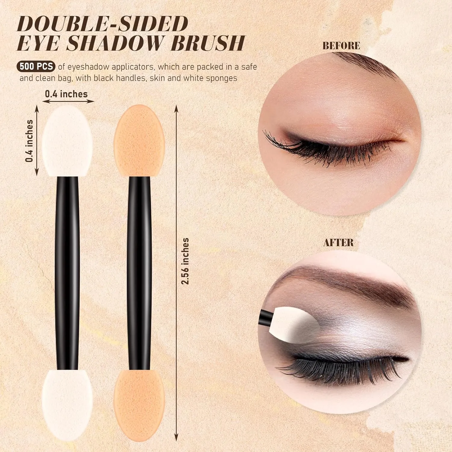 Tanlade 500 Pcs Eyeshadow Applicators Disposable Eye Makeup Brushes Eyeshadow Double Sided Sponge Brushes for Women Lady Girls(2.56 Inch,Black, Nude, White)
