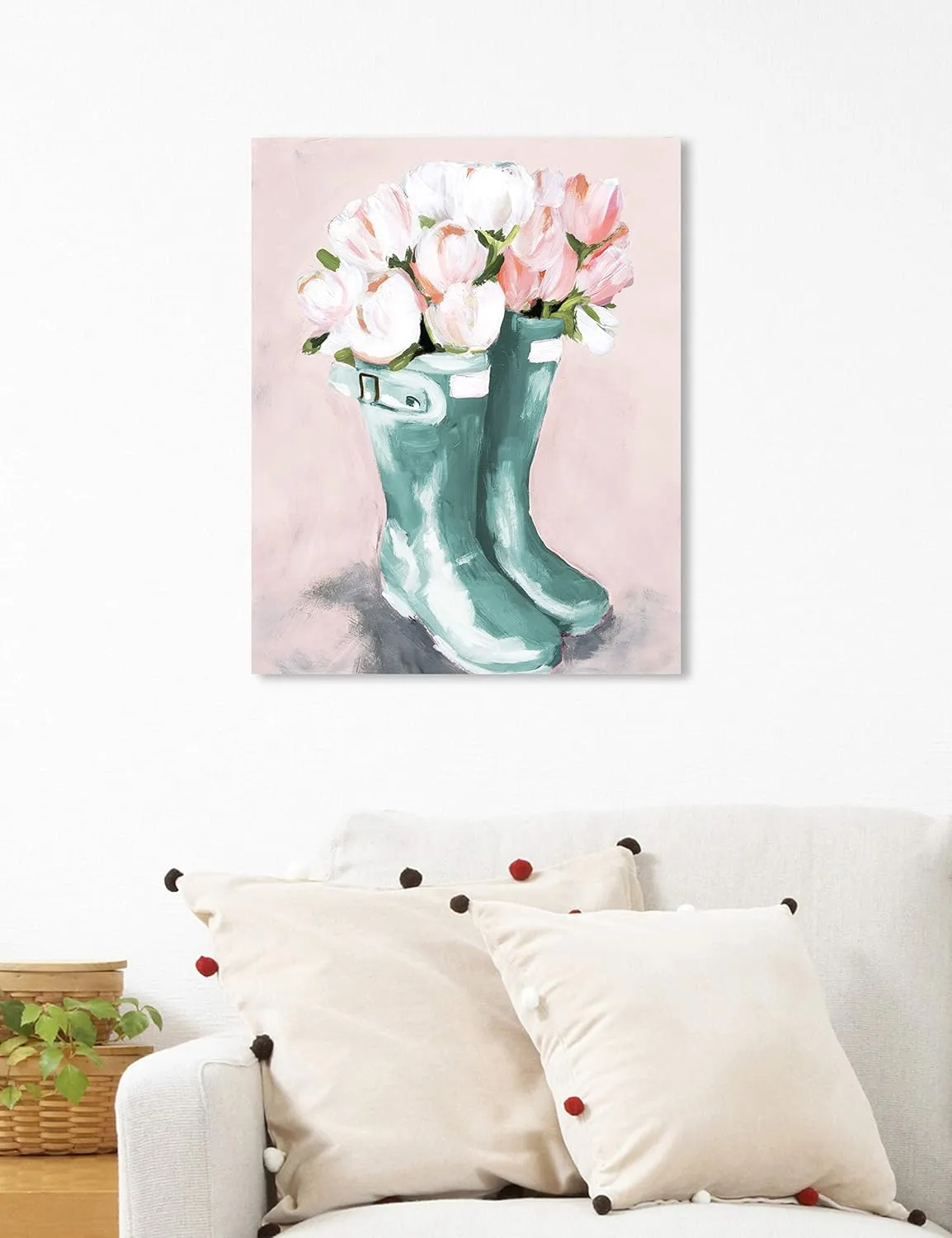 The Oliver Gal Artist Co. Fashion and Glam Wall Art Canvas Prints 'Pastel Rainboots and Flowers' Home Décor, 16 in x 24 in, Blue, Pink