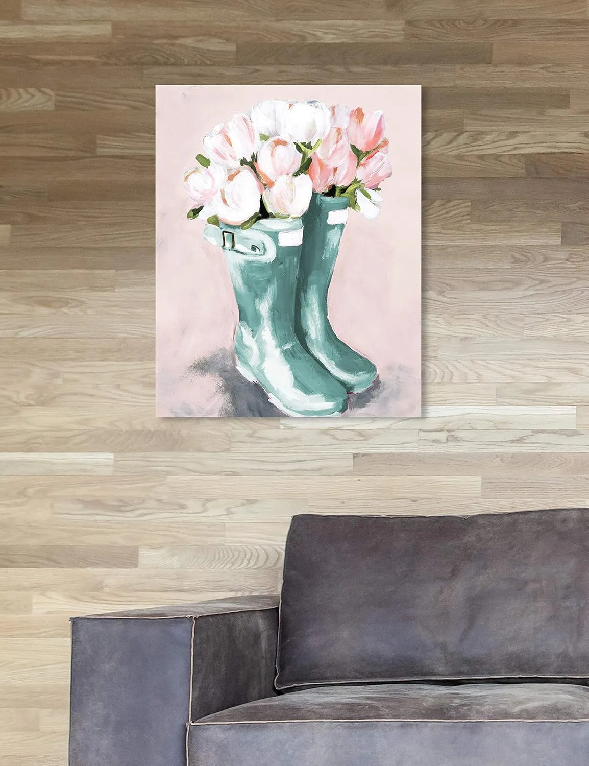 The Oliver Gal Artist Co. Fashion and Glam Wall Art Canvas Prints 'Pastel Rainboots and Flowers' Home Décor, 16 in x 24 in, Blue, Pink