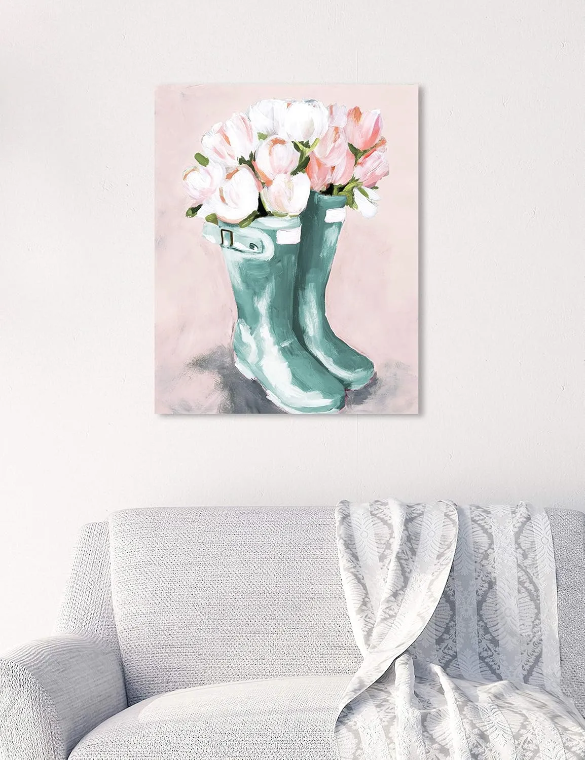 The Oliver Gal Artist Co. Fashion and Glam Wall Art Canvas Prints 'Pastel Rainboots and Flowers' Home Décor, 16 in x 24 in, Blue, Pink