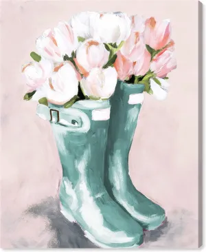 The Oliver Gal Artist Co. Fashion and Glam Wall Art Canvas Prints 'Pastel Rainboots and Flowers' Home Décor, 16 in x 24 in, Blue, Pink