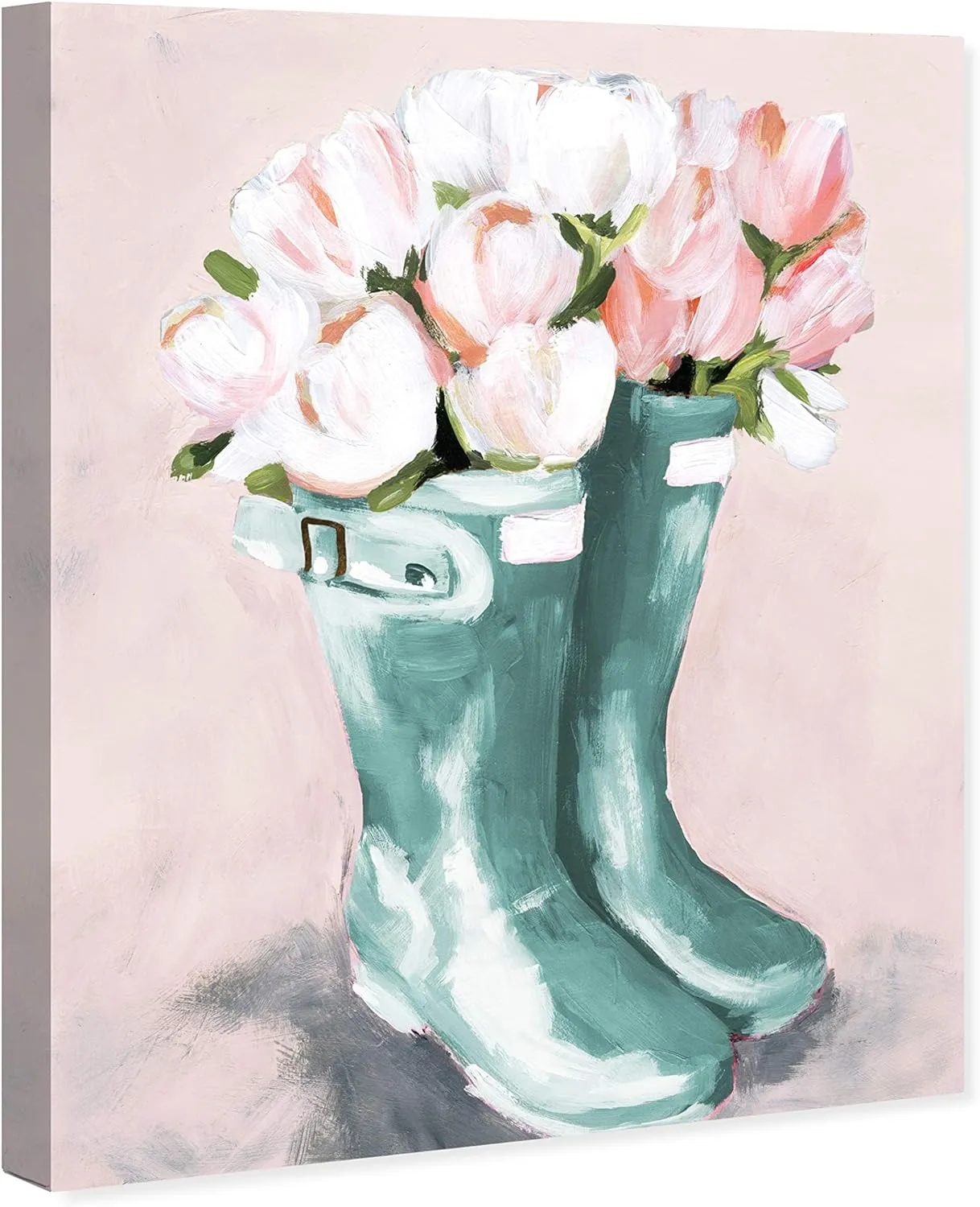 The Oliver Gal Artist Co. Fashion and Glam Wall Art Canvas Prints 'Pastel Rainboots and Flowers' Home Décor, 16 in x 24 in, Blue, Pink
