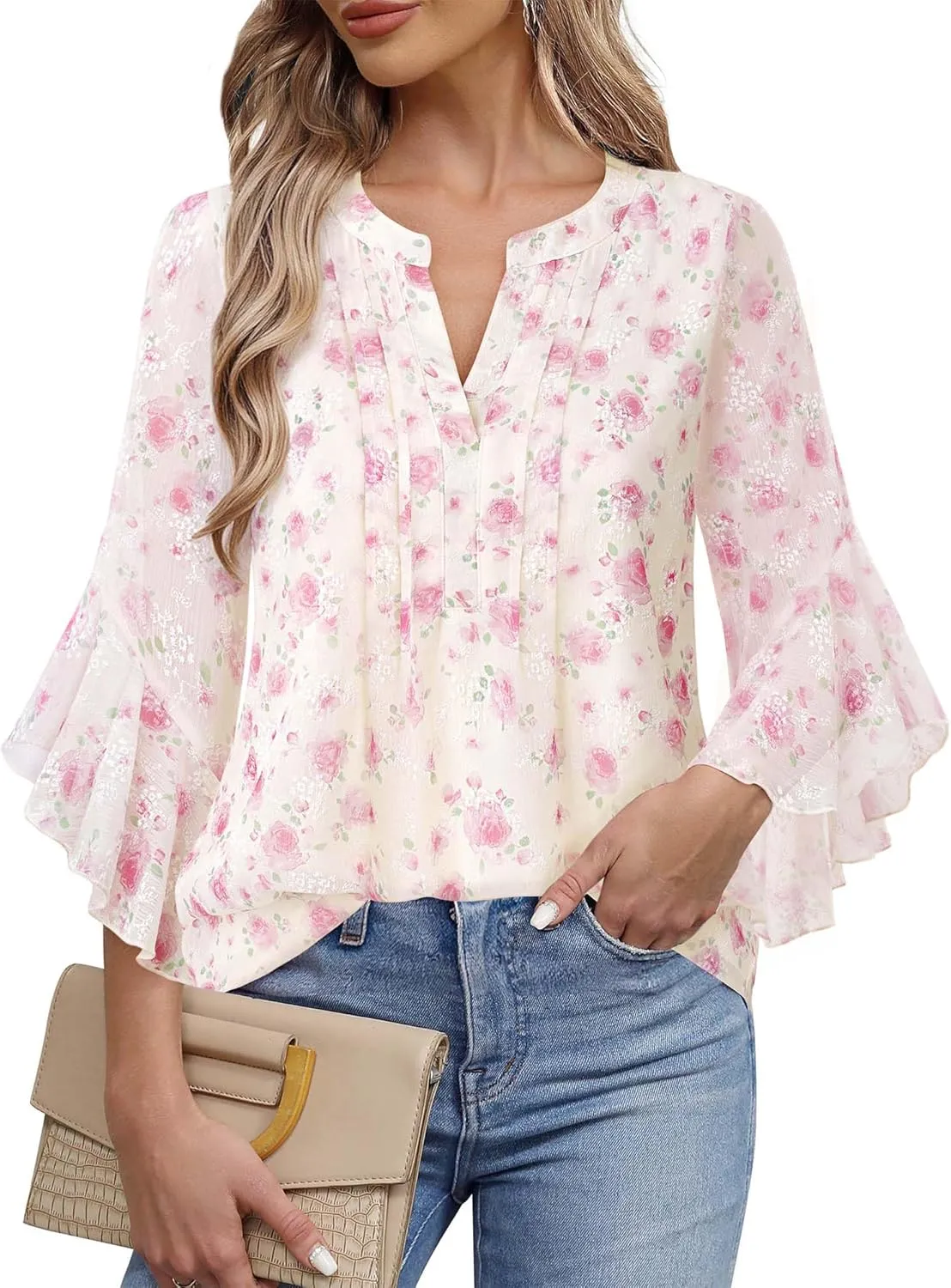 Timeson Women's 3/4 Sleeve Tops Dressy Casual Business Work Blouses Chiffon Office Shirts