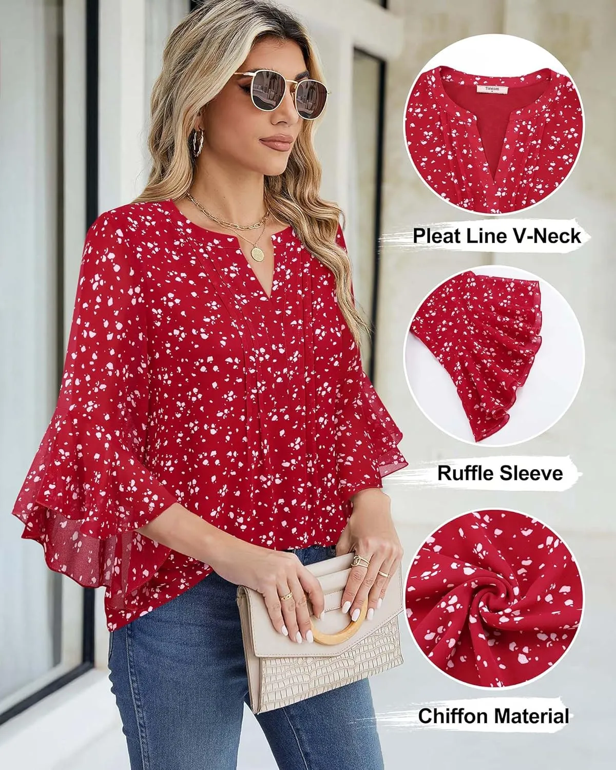 Timeson Women's 3/4 Sleeve Tops Dressy Casual Business Work Blouses Chiffon Office Shirts