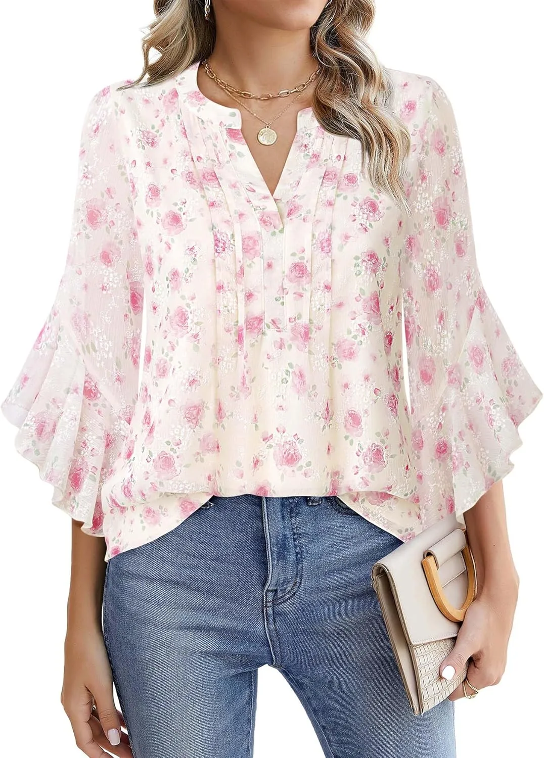 Timeson Women's 3/4 Sleeve Tops Dressy Casual Business Work Blouses Chiffon Office Shirts
