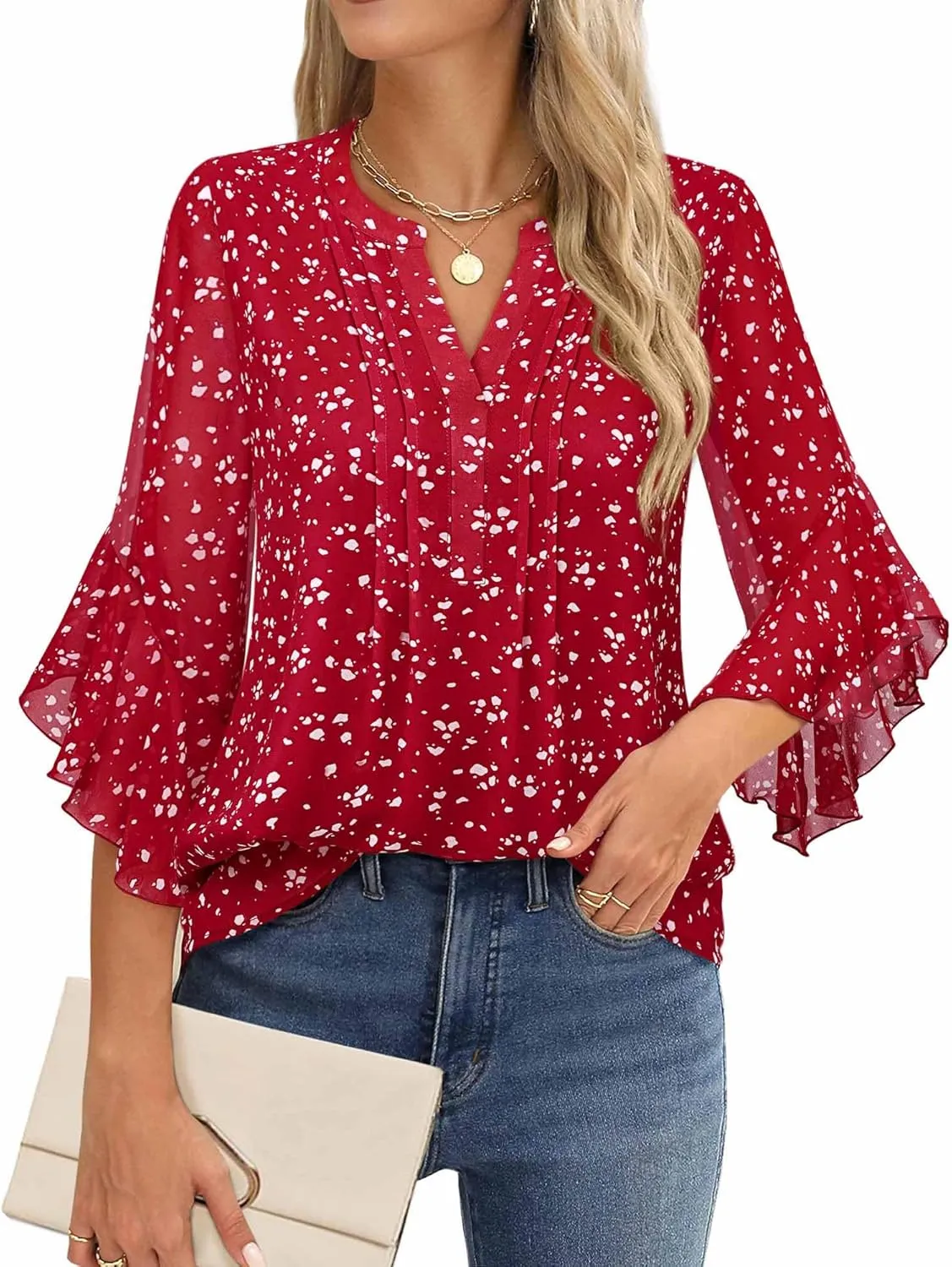 Timeson Women's 3/4 Sleeve Tops Dressy Casual Business Work Blouses Chiffon Office Shirts