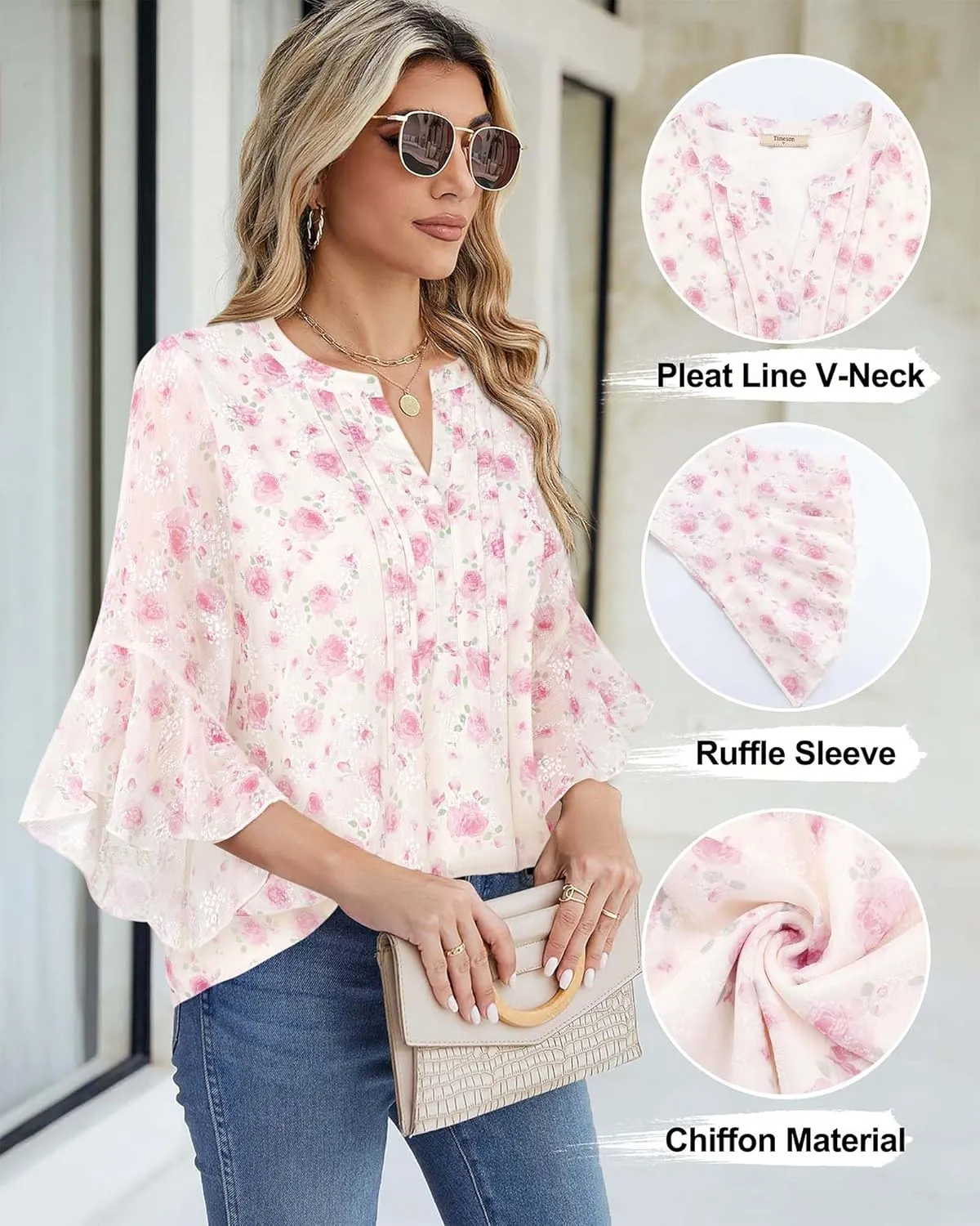 Timeson Women's 3/4 Sleeve Tops Dressy Casual Business Work Blouses Chiffon Office Shirts
