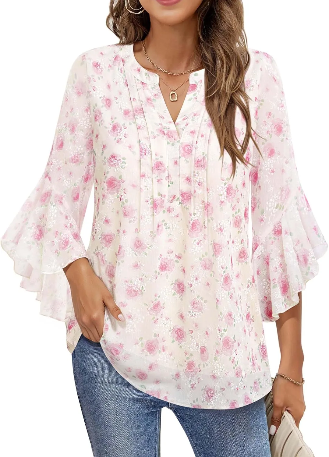 Timeson Women's 3/4 Sleeve Tops Dressy Casual Business Work Blouses Chiffon Office Shirts