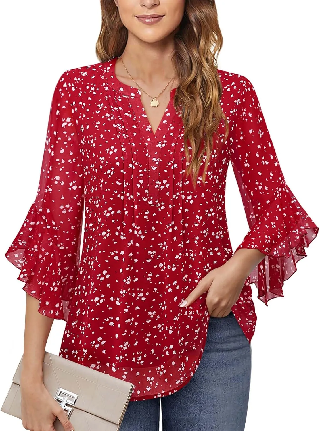 Timeson Women's 3/4 Sleeve Tops Dressy Casual Business Work Blouses Chiffon Office Shirts