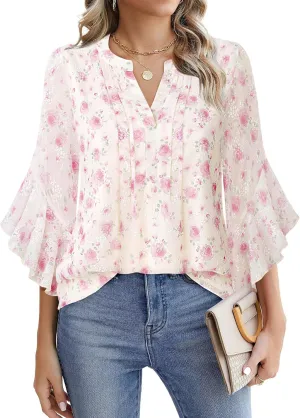 Timeson Women's 3/4 Sleeve Tops Dressy Casual Business Work Blouses Chiffon Office Shirts