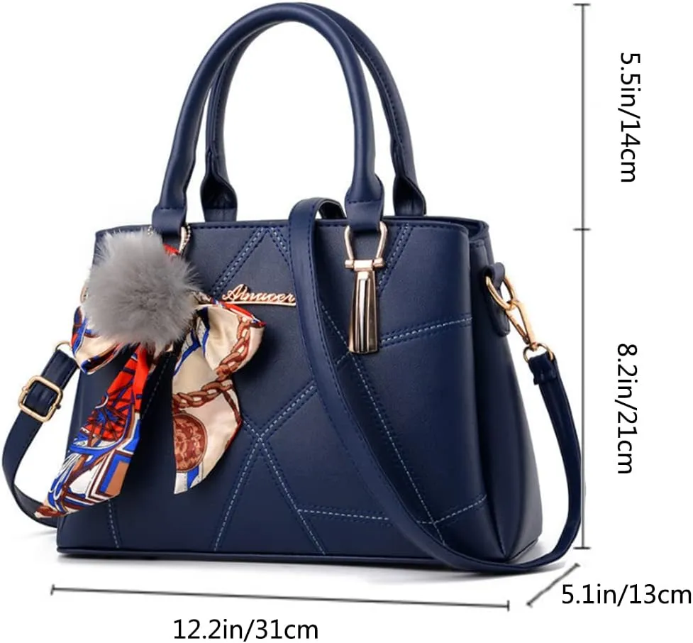Top-handle Handbags Purse Soft PU Leather Crossbody Shoulder Bag Satchel with Bowknot Plush Ball Pendant