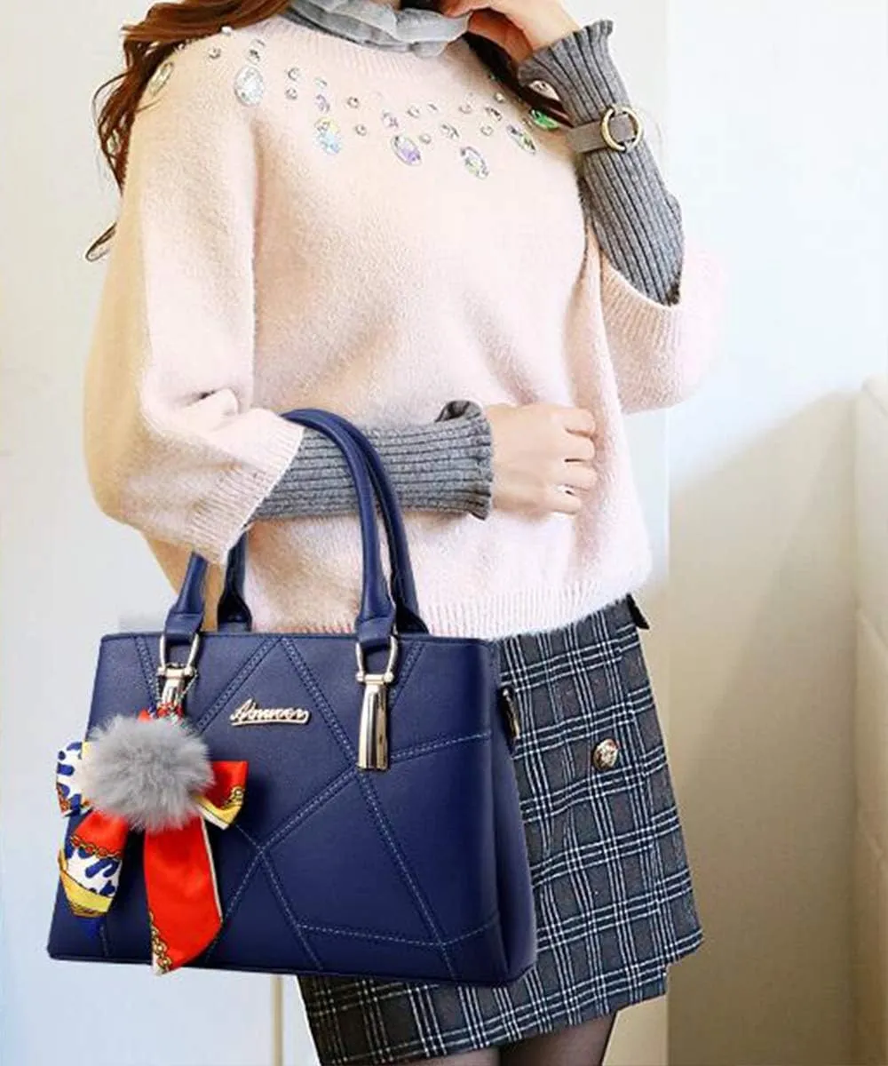Top-handle Handbags Purse Soft PU Leather Crossbody Shoulder Bag Satchel with Bowknot Plush Ball Pendant