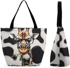 Tote Bag for Women Cute Handbags Giraffe Bites The Rose Reusable Grocery Bag with Zipper Shopping Bag Beach Bag Travel Bag Gym Bag for Mom Teachers Friends Bridesmaids