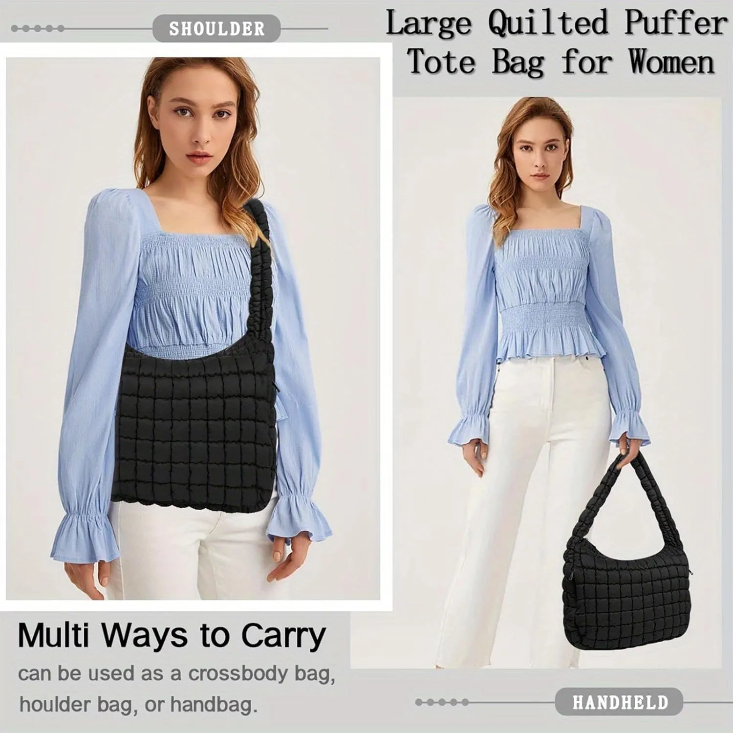 Tote Bag for Women, Women's Quilted Tote Bag with Zipper, Soft and Lightweight Puffer Tote Handbag