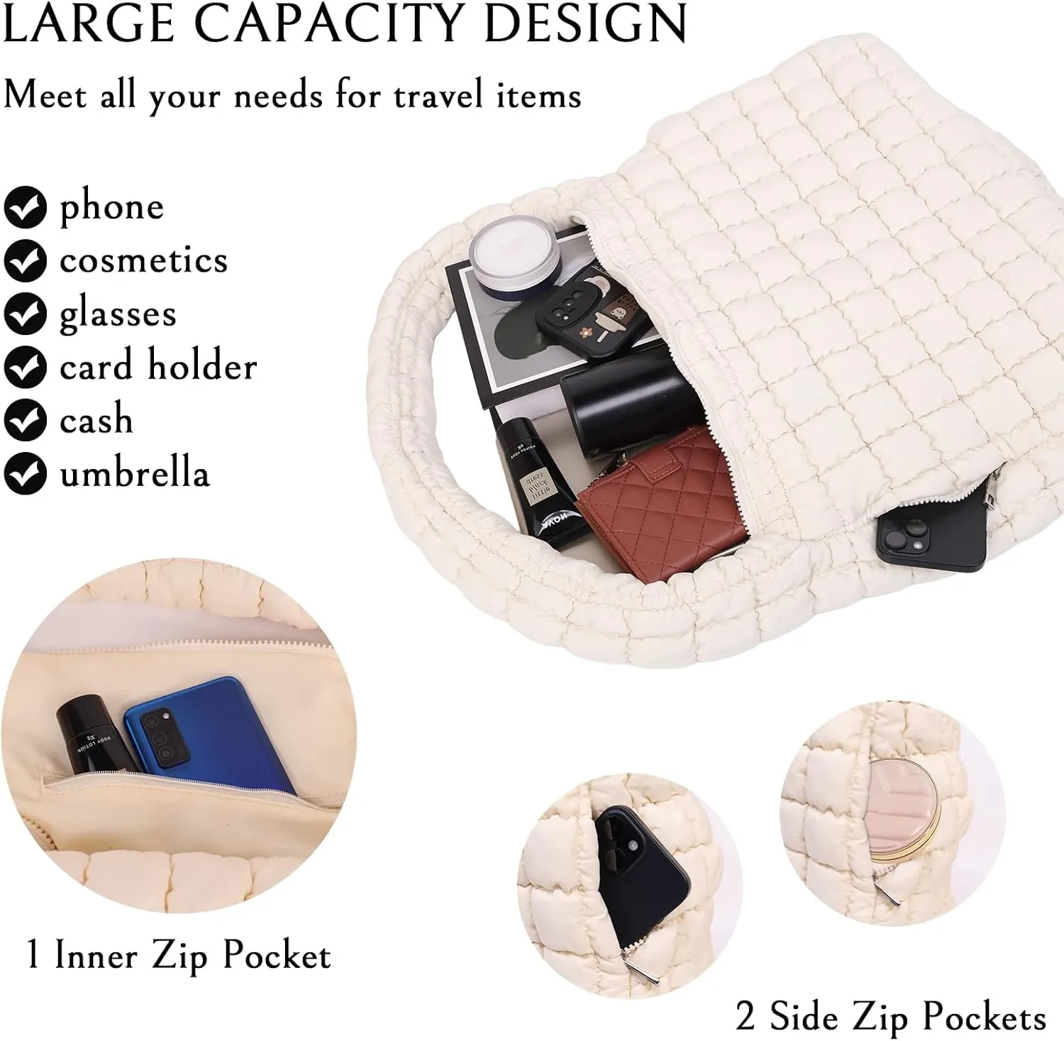 Tote Bag for Women, Women's Quilted Tote Bag with Zipper, Soft and Lightweight Puffer Tote Handbag