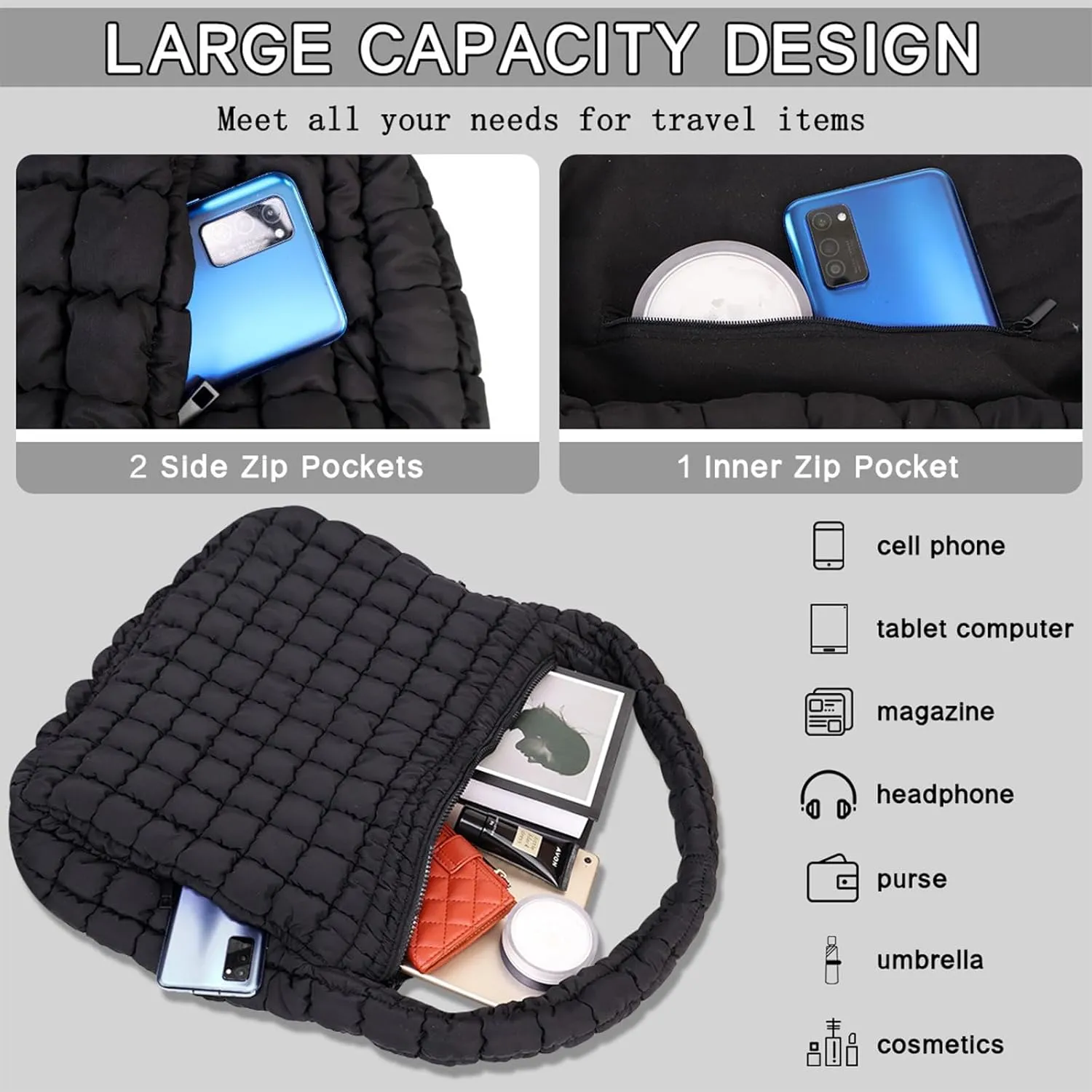 Tote Bag for Women, Women's Quilted Tote Bag with Zipper, Soft and Lightweight Puffer Tote Handbag