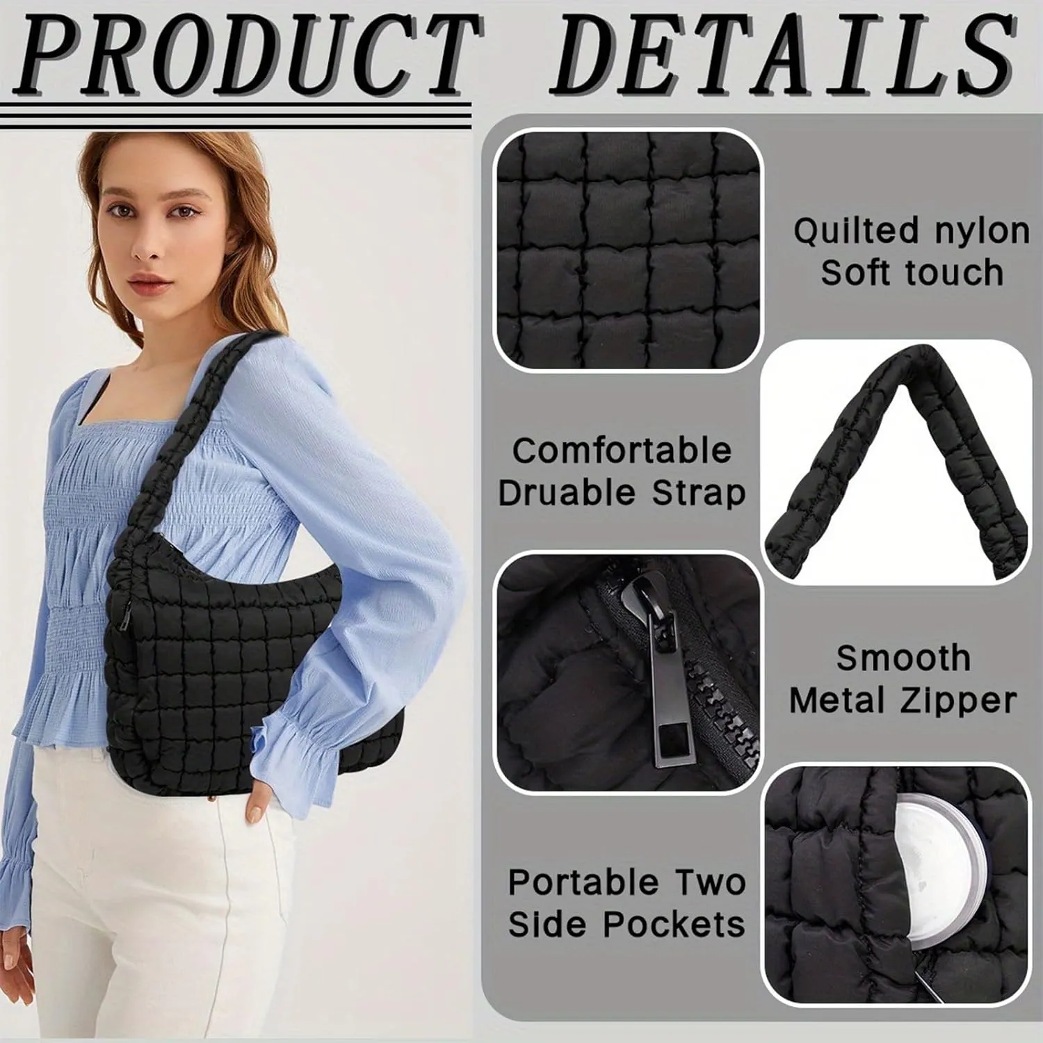 Tote Bag for Women, Women's Quilted Tote Bag with Zipper, Soft and Lightweight Puffer Tote Handbag