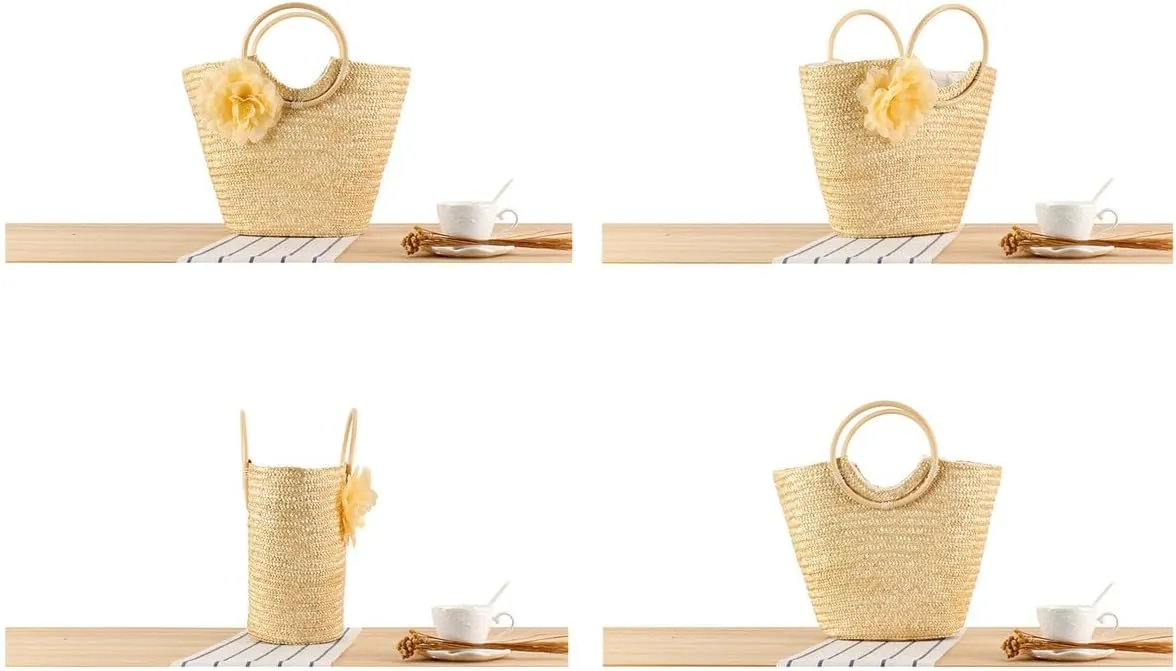 Tote Bag Straw Woven Women's Top-Handle Handbag Flower Beach Hand Bag, Purse for Women Travel Ladies Handbags Bolsos