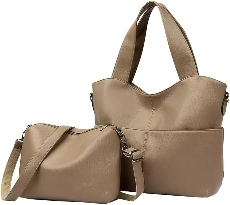Trendy 2Pcs Tote Bag Women PU Leather 2025 Large Shoulder Crossbosy Bags Satchel Purses Casual Top Handle Handbags