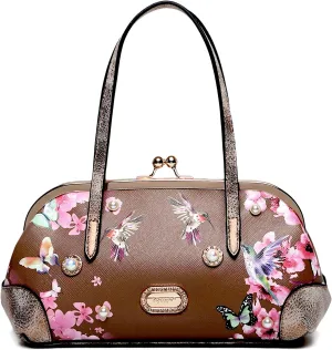 Twilight Garden Women's Designer Handbag with Floral Print, Kiss Lock & Chain Strap, Evening Bag with Crystal Embellishments