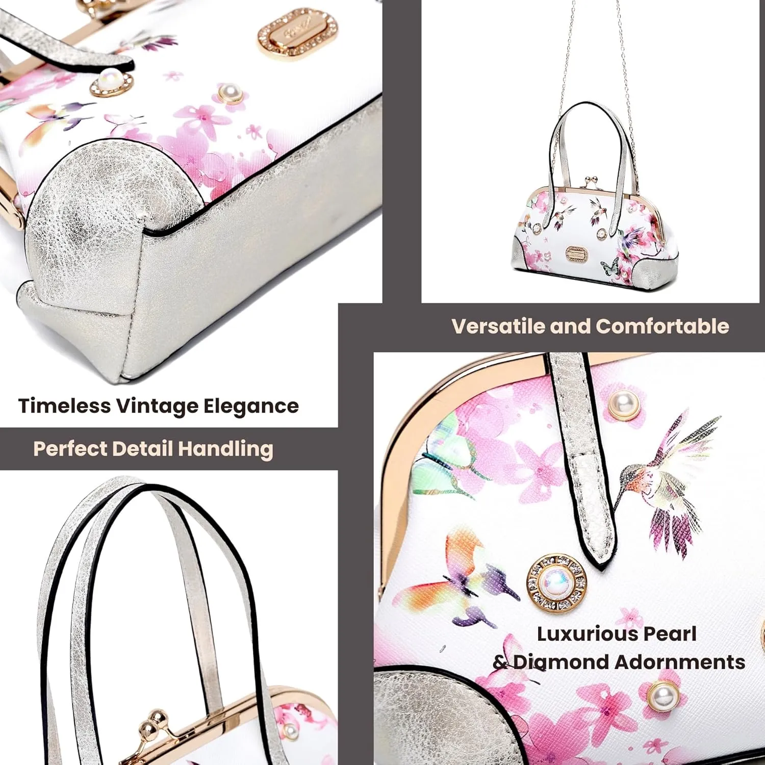 Twilight Garden Women's Designer Handbag with Floral Print, Kiss Lock & Chain Strap, Evening Bag with Crystal Embellishments
