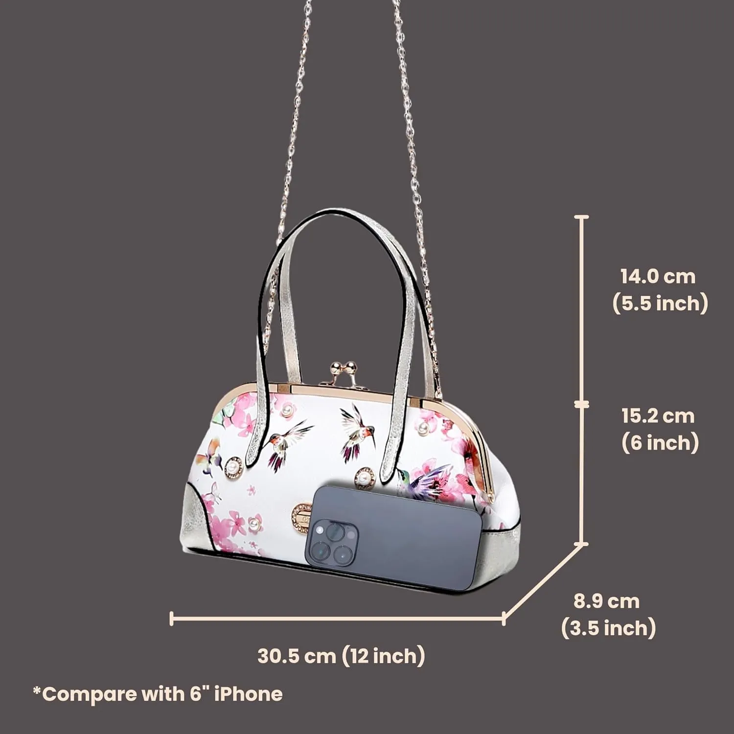 Twilight Garden Women's Designer Handbag with Floral Print, Kiss Lock & Chain Strap, Evening Bag with Crystal Embellishments