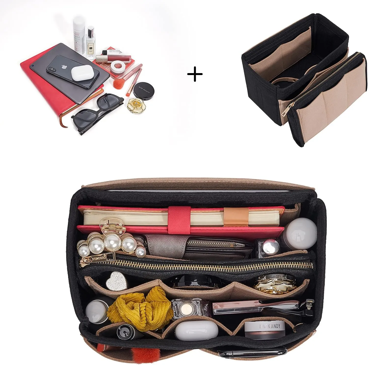 Vercord Felt Organizer Insert For Purse Handbag Tote Bag In Bag Inside Shaper Divider Neo Black & Beige Medium