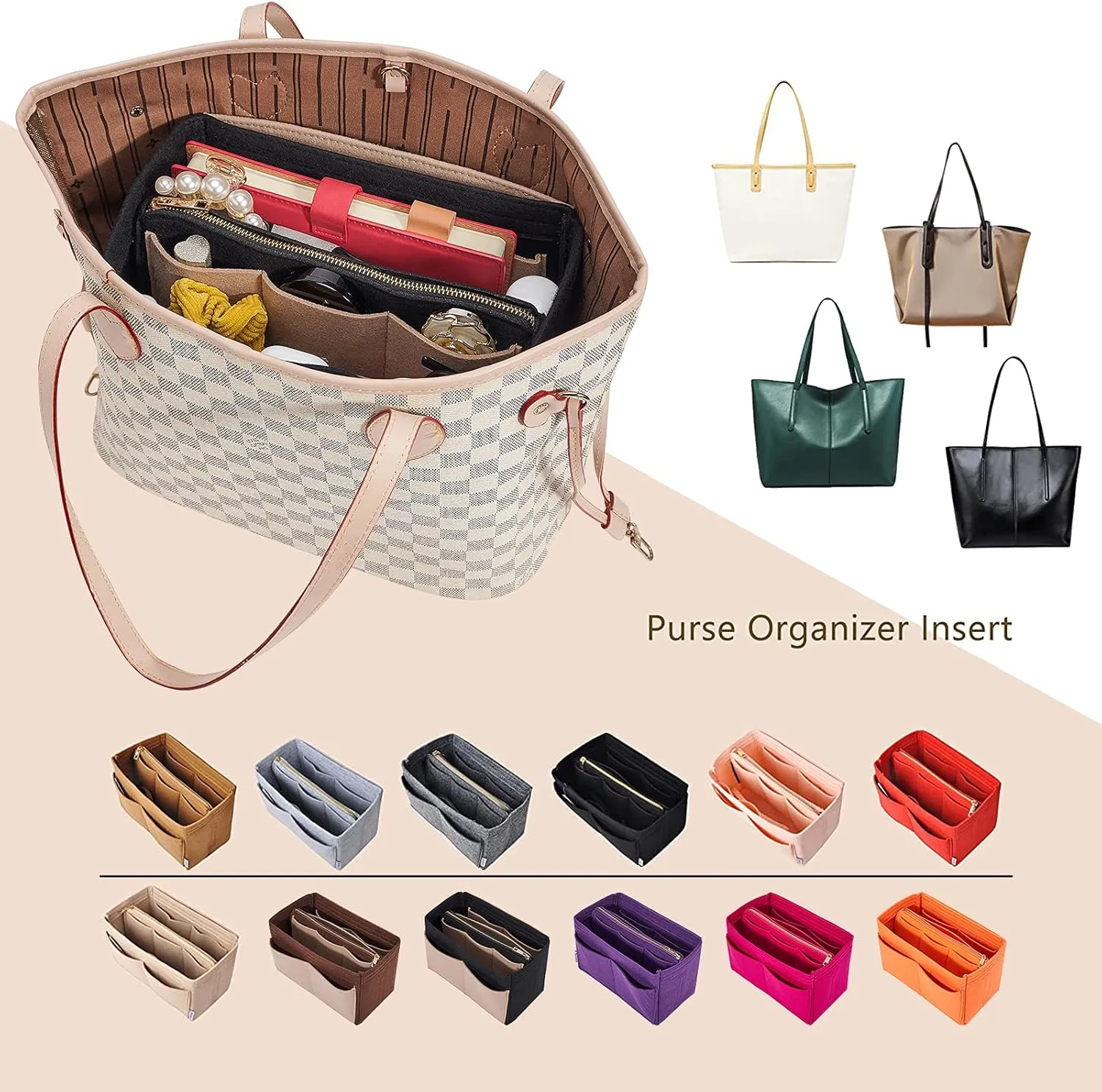 Vercord Felt Organizer Insert For Purse Handbag Tote Bag In Bag Inside Shaper Divider Neo Black & Beige Medium