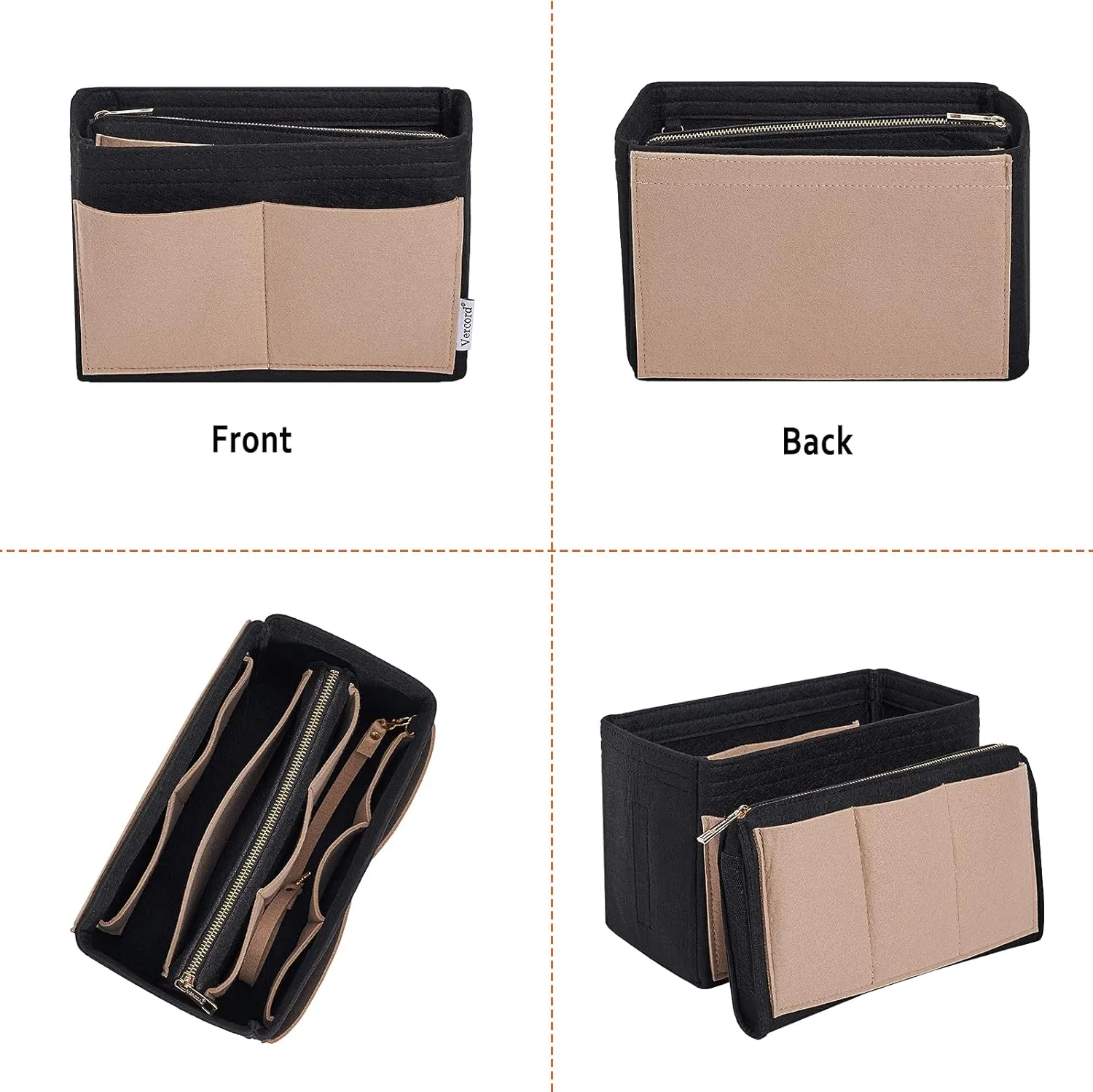 Vercord Felt Organizer Insert For Purse Handbag Tote Bag In Bag Inside Shaper Divider Neo Black & Beige Medium
