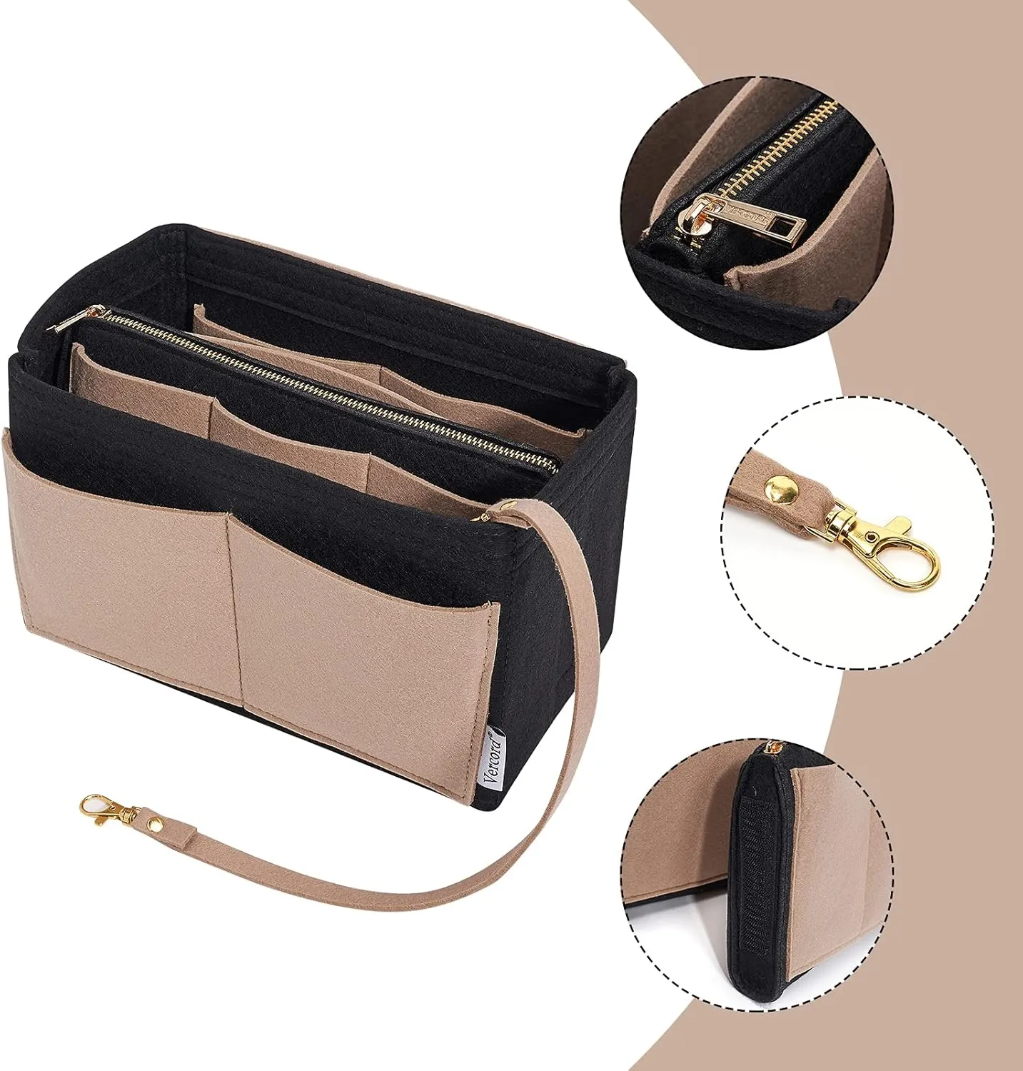 Vercord Felt Organizer Insert For Purse Handbag Tote Bag In Bag Inside Shaper Divider Neo Black & Beige Medium