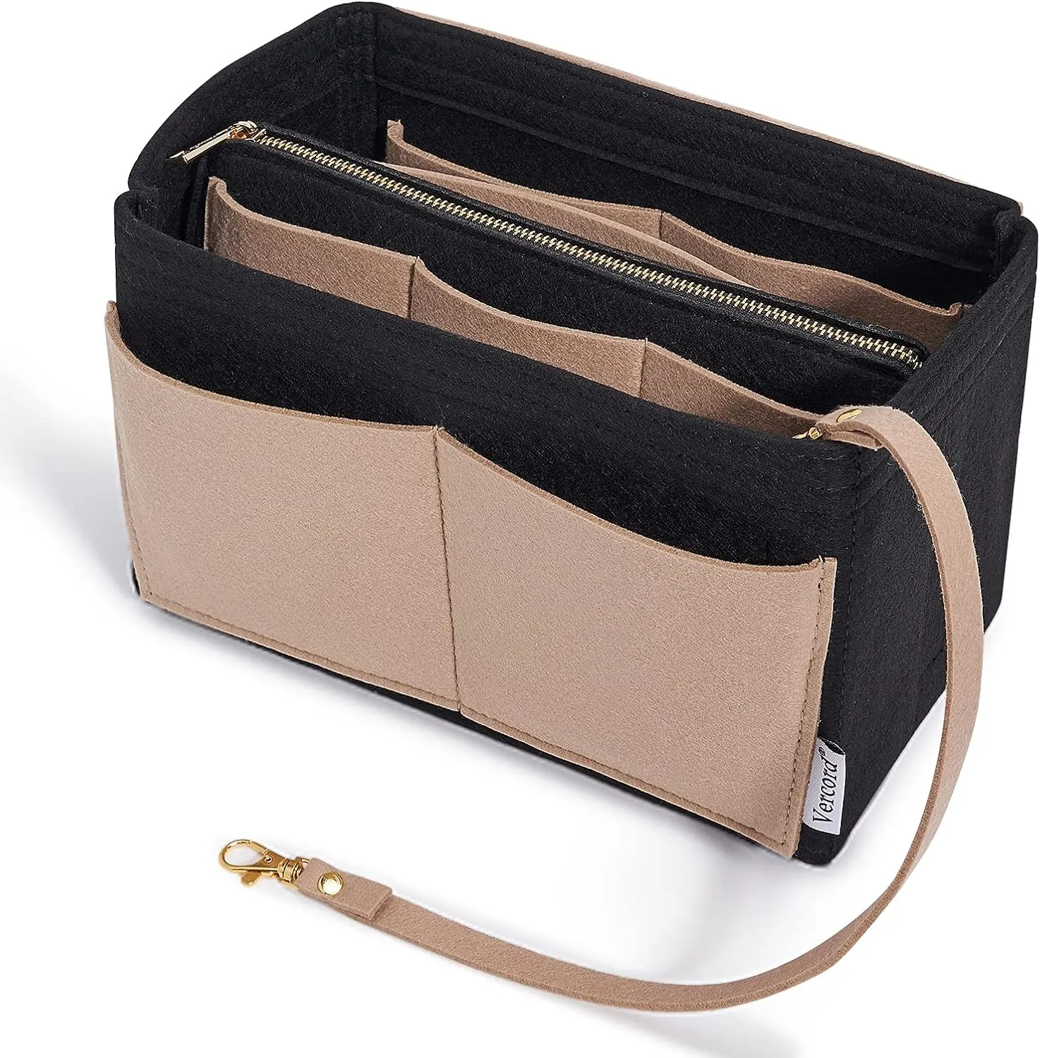 Vercord Felt Organizer Insert For Purse Handbag Tote Bag In Bag Inside Shaper Divider Neo Black & Beige Medium