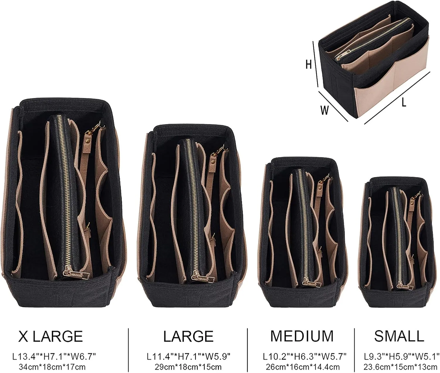 Vercord Felt Organizer Insert For Purse Handbag Tote Bag In Bag Inside Shaper Divider Neo Black & Beige Medium