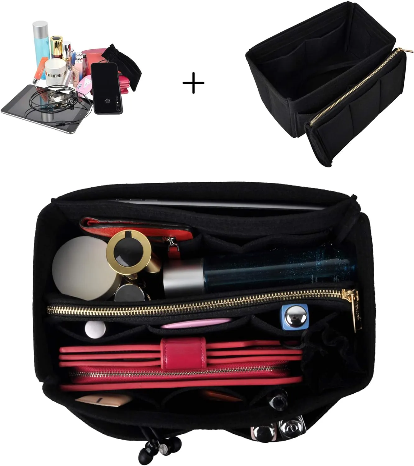 Vercord Felt Organizer Insert For Purse Handbag Tote Bag In Bag Inside Shaper Divider Neo Black Large