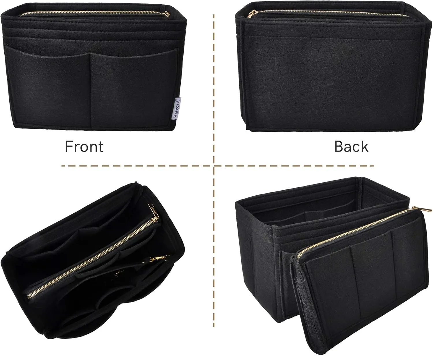 Vercord Felt Organizer Insert For Purse Handbag Tote Bag In Bag Inside Shaper Divider Neo Black Large
