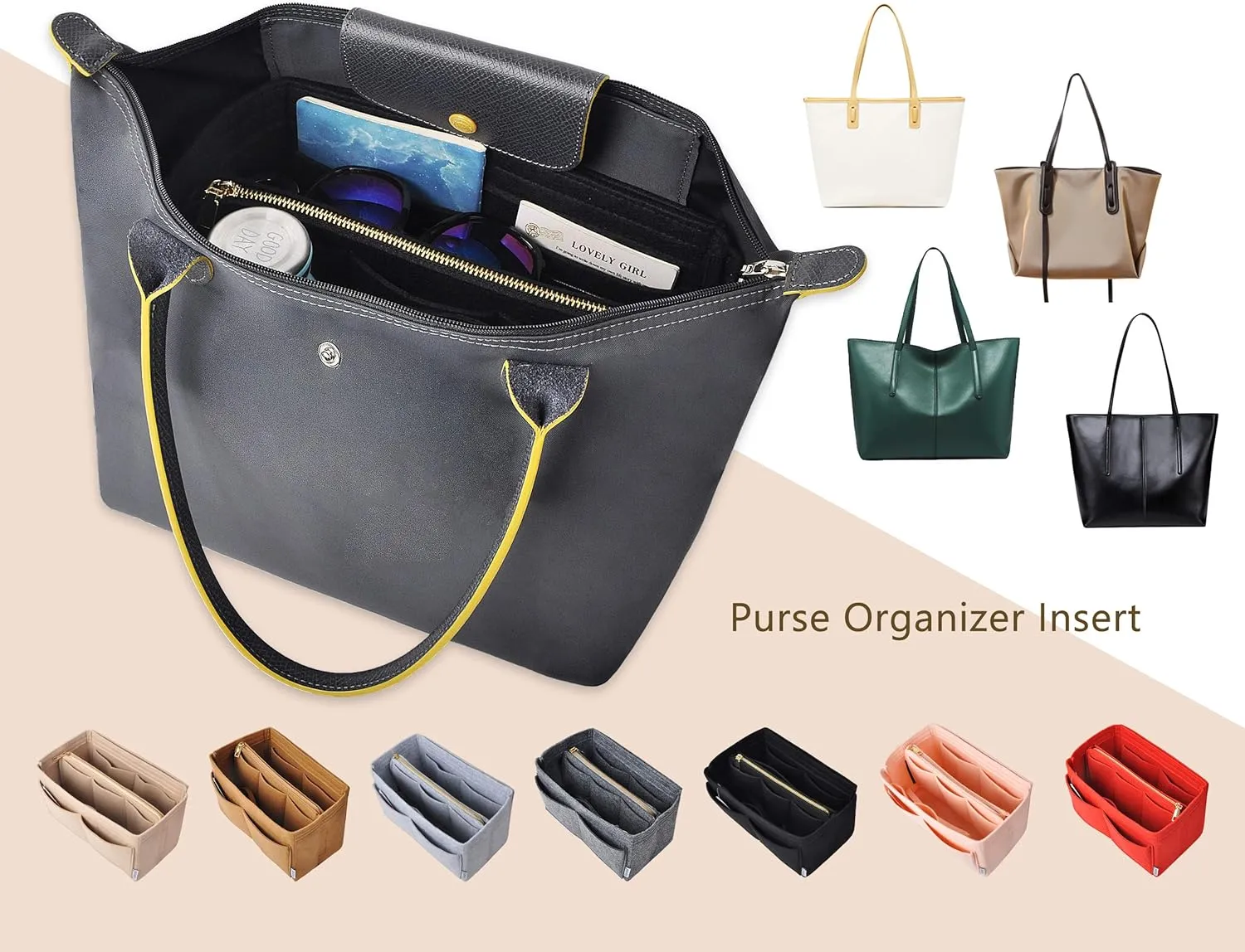 Vercord Felt Organizer Insert For Purse Handbag Tote Bag In Bag Inside Shaper Divider Neo Black Small