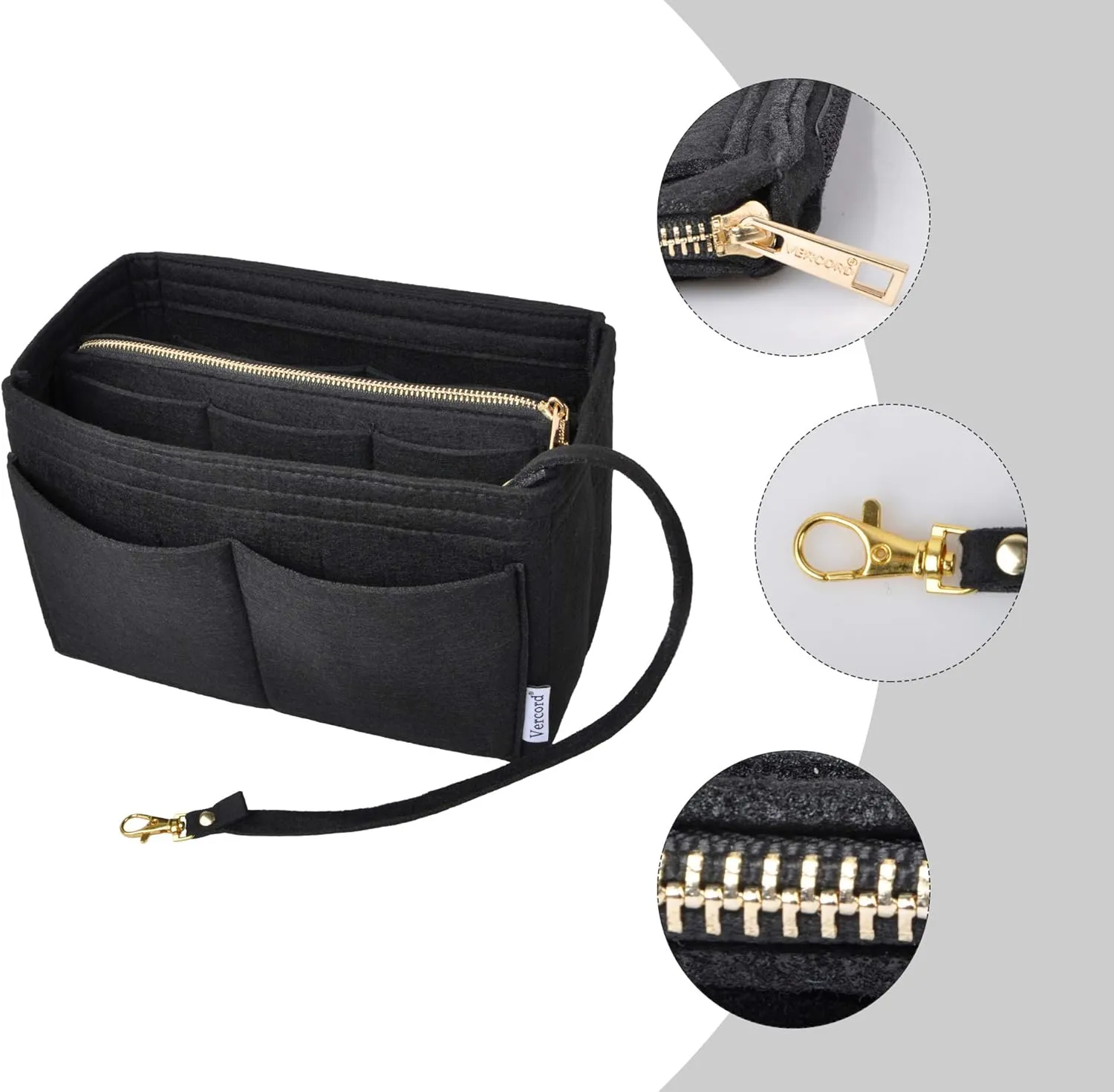 Vercord Felt Organizer Insert For Purse Handbag Tote Bag In Bag Inside Shaper Divider Neo Black Small