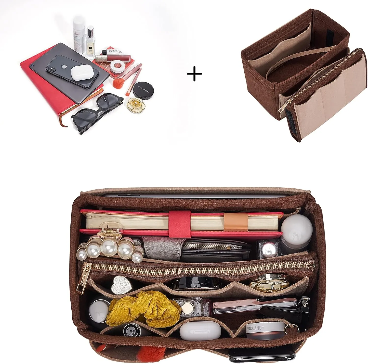 Vercord Felt Organizer Insert For Purse Handbag Tote Bag In Bag Inside Shaper Divider Neo Coffee & Beige Small
