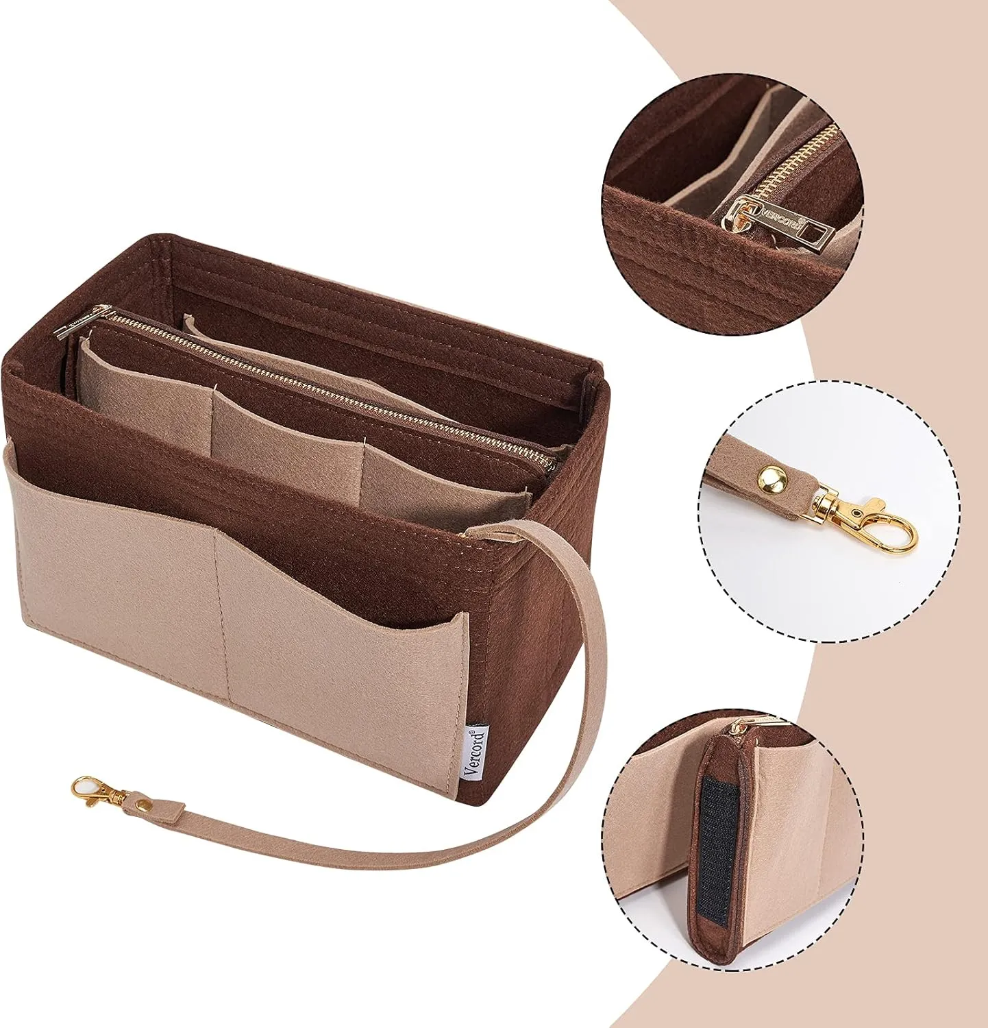 Vercord Felt Organizer Insert For Purse Handbag Tote Bag In Bag Inside Shaper Divider Neo Coffee & Beige Small