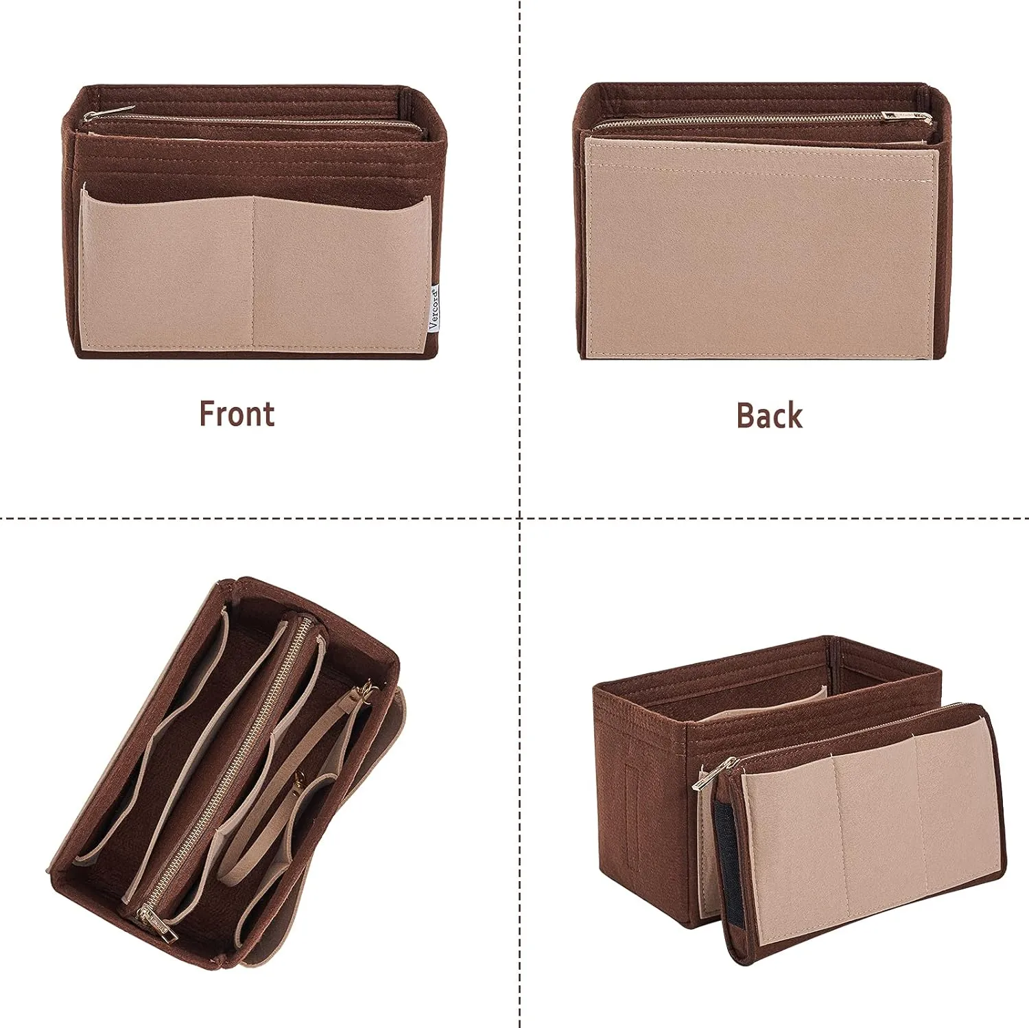 Vercord Felt Organizer Insert For Purse Handbag Tote Bag In Bag Inside Shaper Divider Neo Coffee & Beige Small