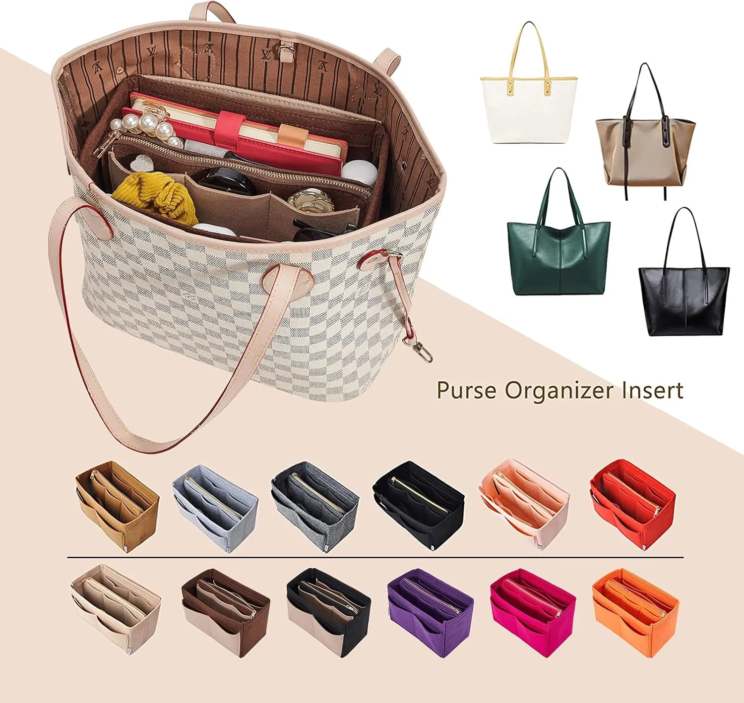 Vercord Felt Organizer Insert For Purse Handbag Tote Bag In Bag Inside Shaper Divider Neo Coffee & Beige Small