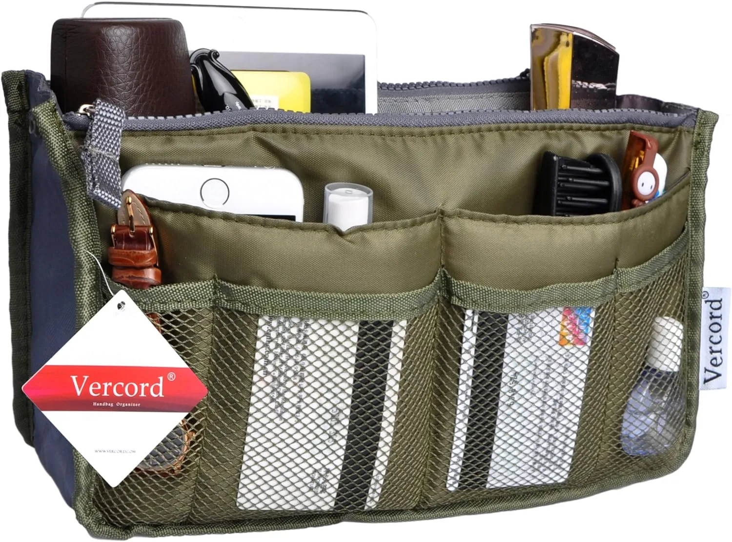 Vercord Purse Organizer Insert for Handbags Bag Organizers Inside Tote Pocketbook Women Nurse Nylon 13 Pockets Army Green Medium