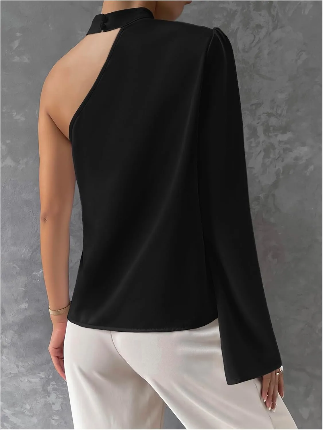 Verdusa Women's Solid Asymmetrical Neck Halter Long Sleeve Tops One Shoulder Bell Sleeve Blouse