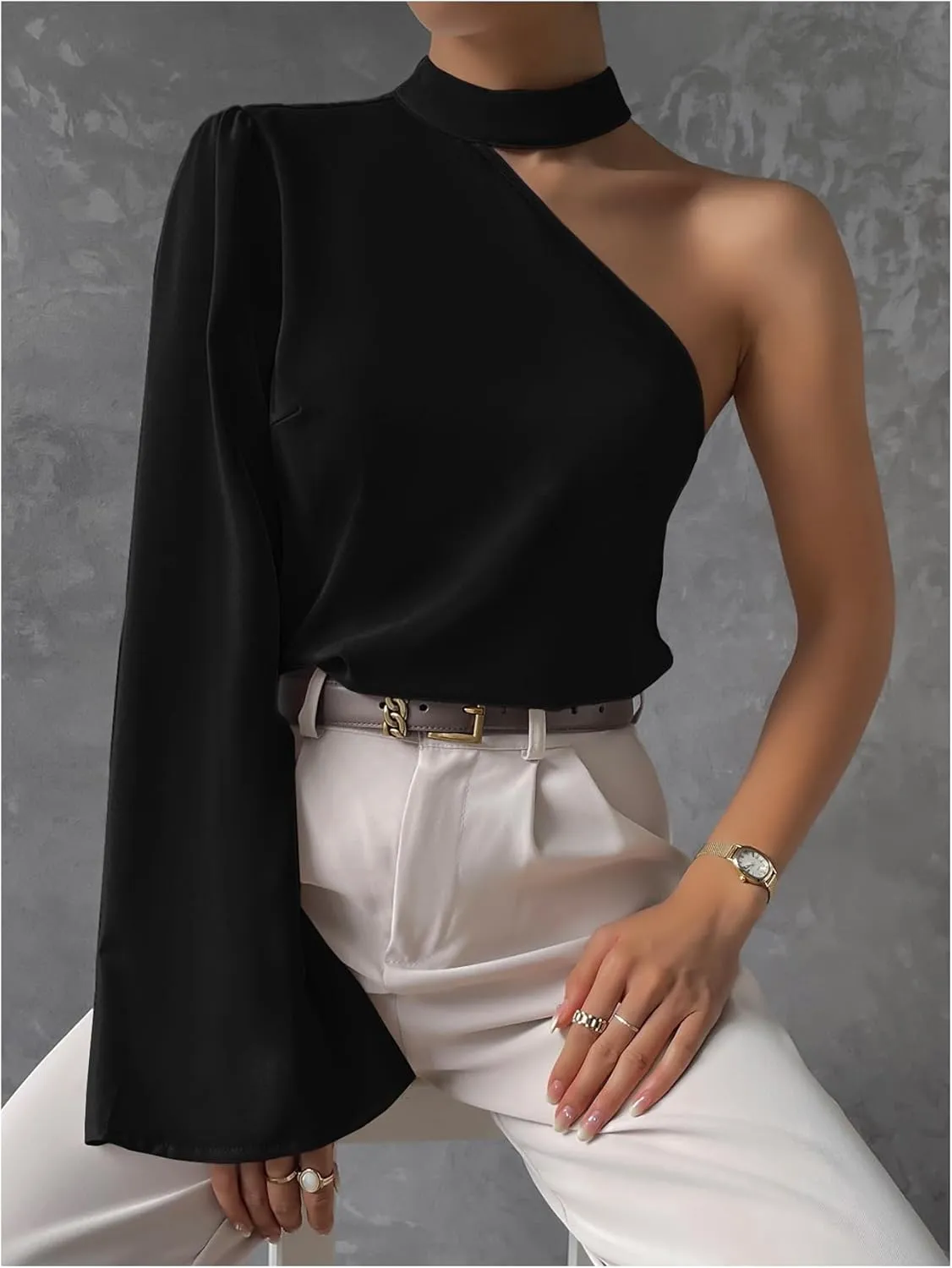 Verdusa Women's Solid Asymmetrical Neck Halter Long Sleeve Tops One Shoulder Bell Sleeve Blouse