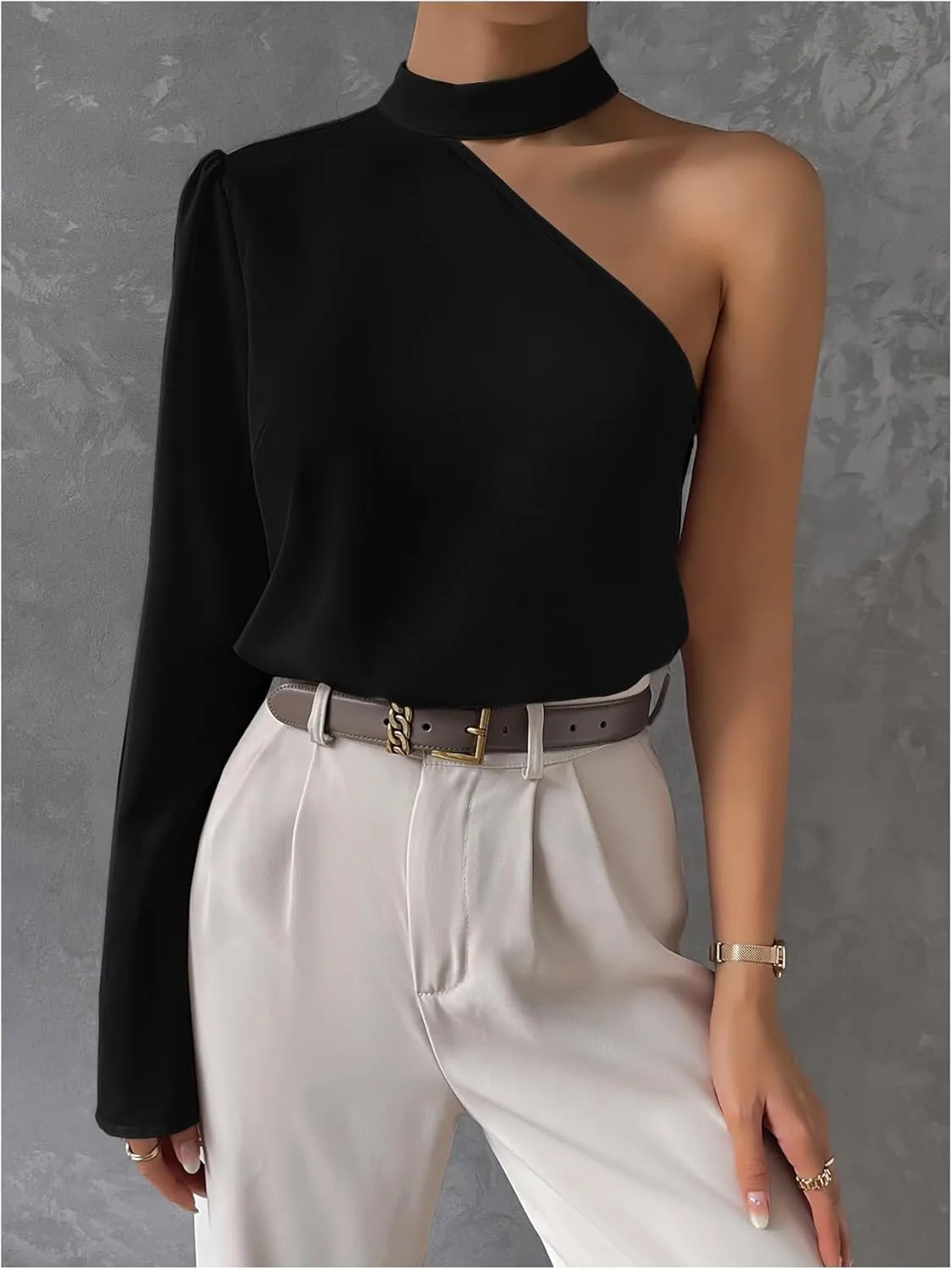 Verdusa Women's Solid Asymmetrical Neck Halter Long Sleeve Tops One Shoulder Bell Sleeve Blouse